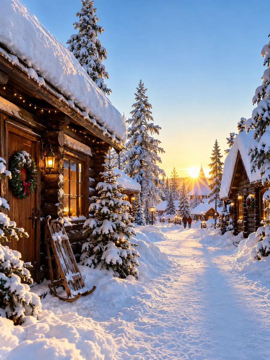 A snowy path between log buildings with warm window light and wreaths under a clear blue sky