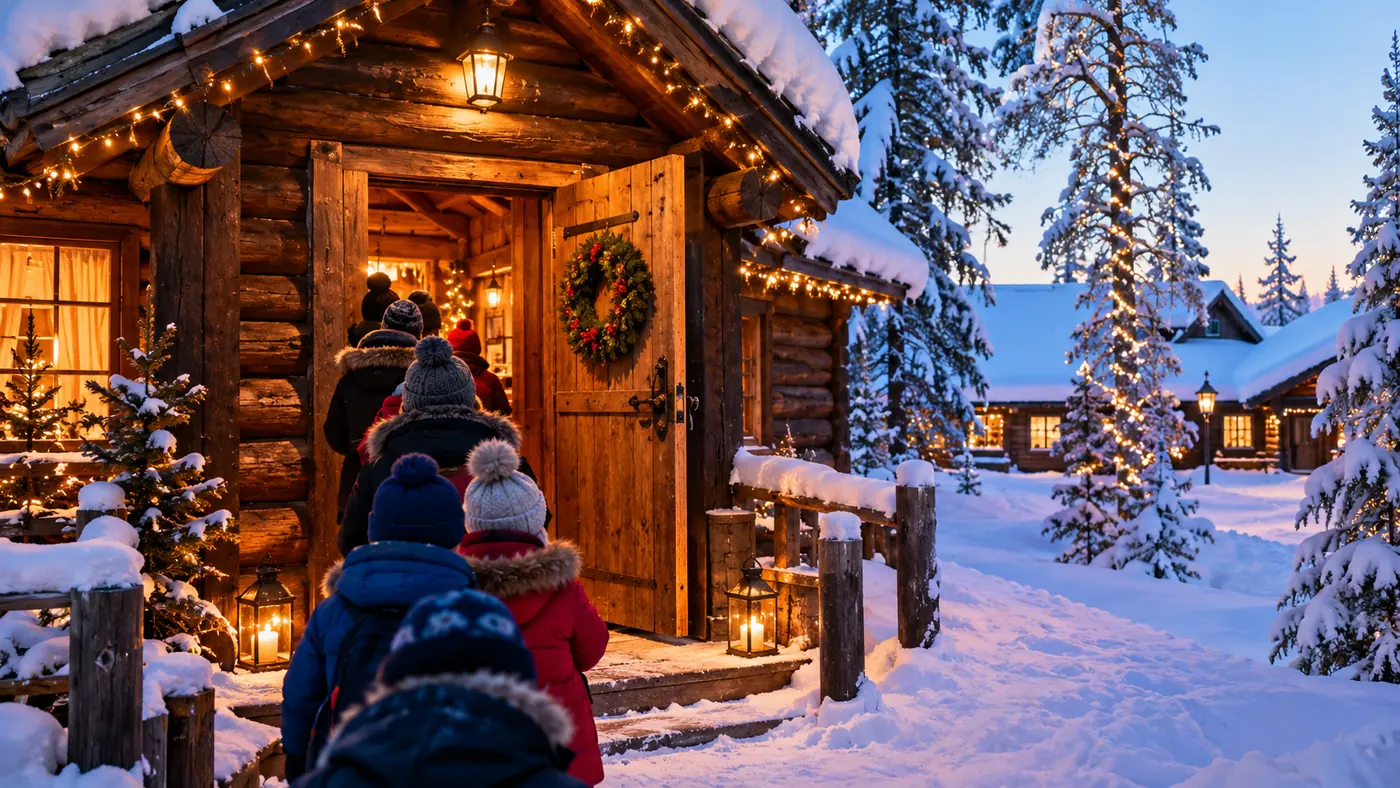 A queue of small figures in winter clothes waiting on the snowy porch of a log cabin with golden light inside