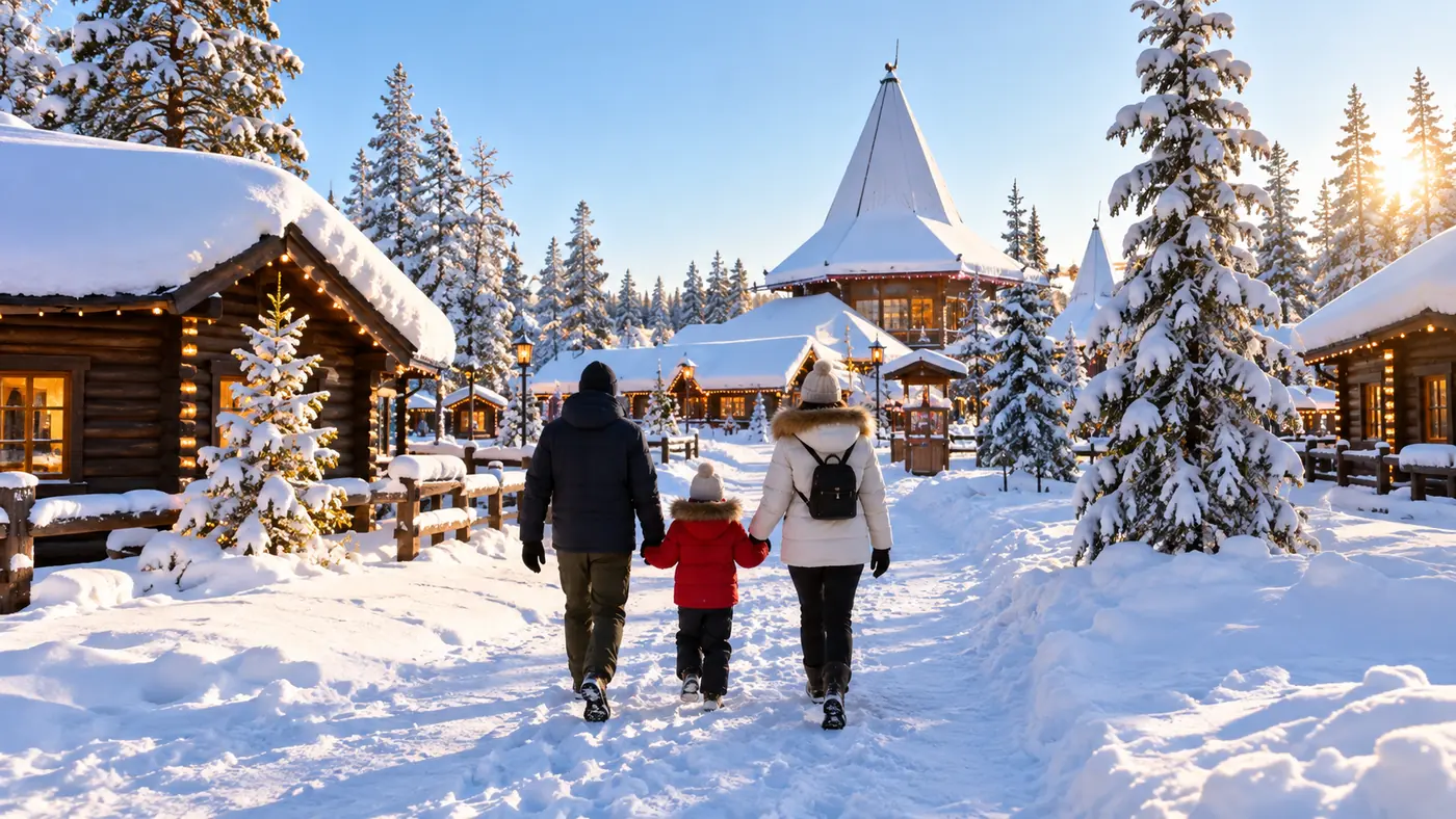 A family seen from behind walking into a snowy village of log buildings on a sunny morning