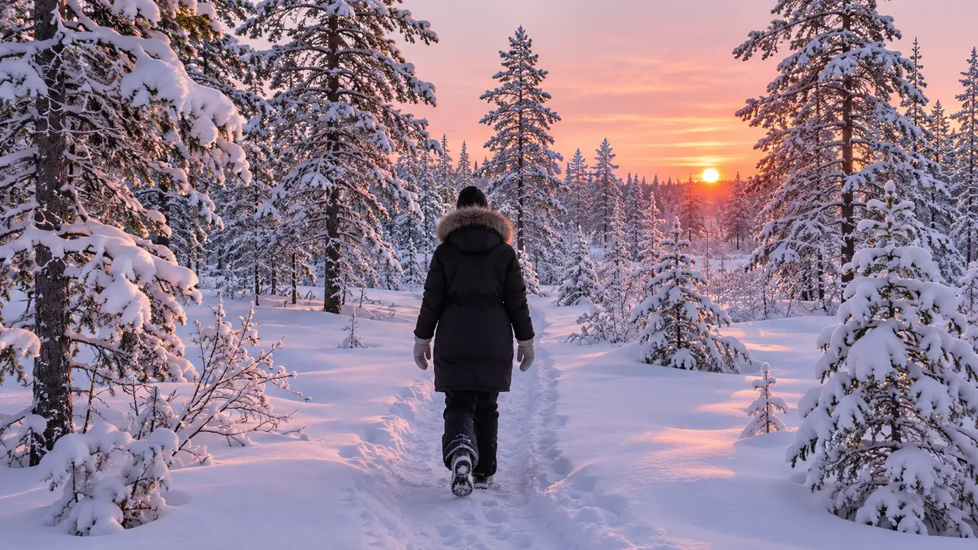 A person in a thick winter parka walking on a snowy forest path under a low pink sun