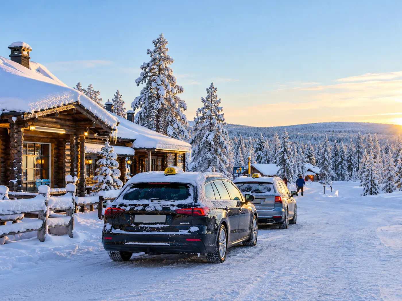 A taxi rank by log buildings in the snow