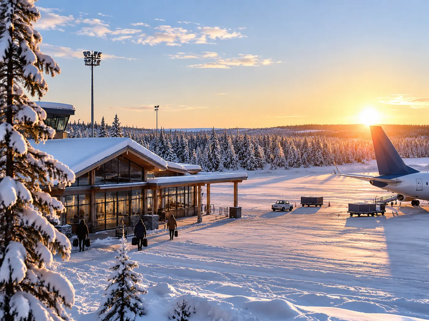A small airport terminal in a snowy forest
