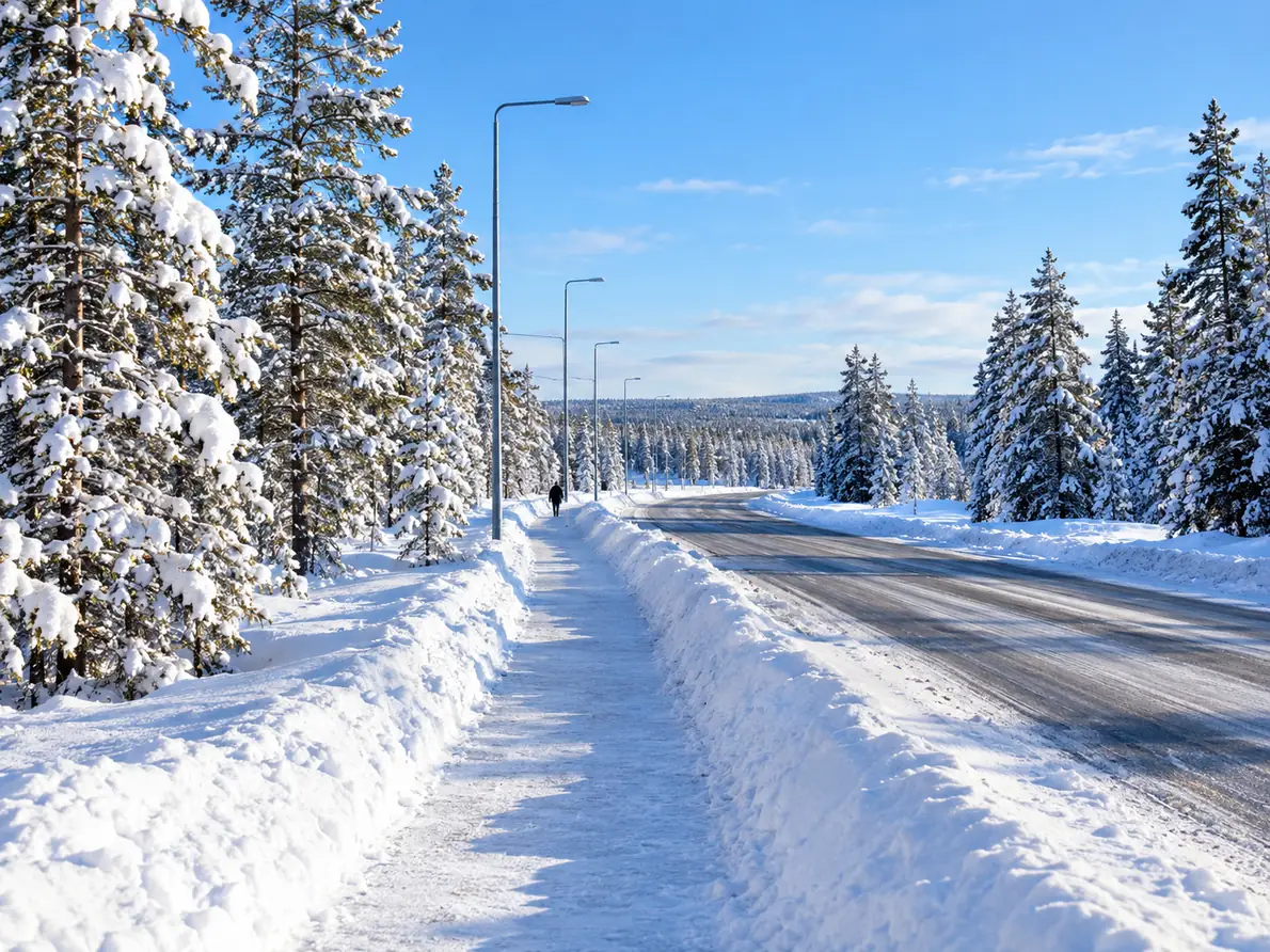 A cleared walking path along a snowy main road