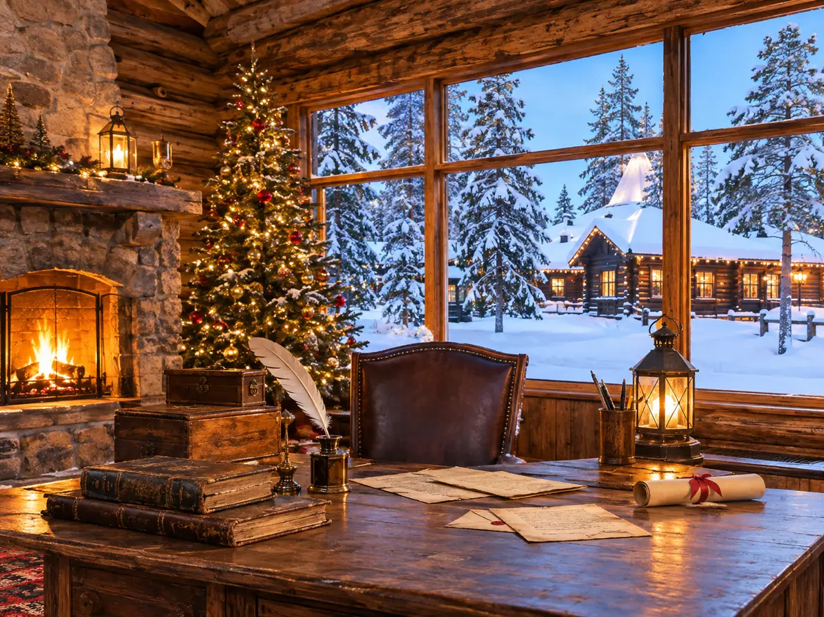 Inside a log cabin office: a big wooden desk with a quill and ledgers, a fireplace and a tree