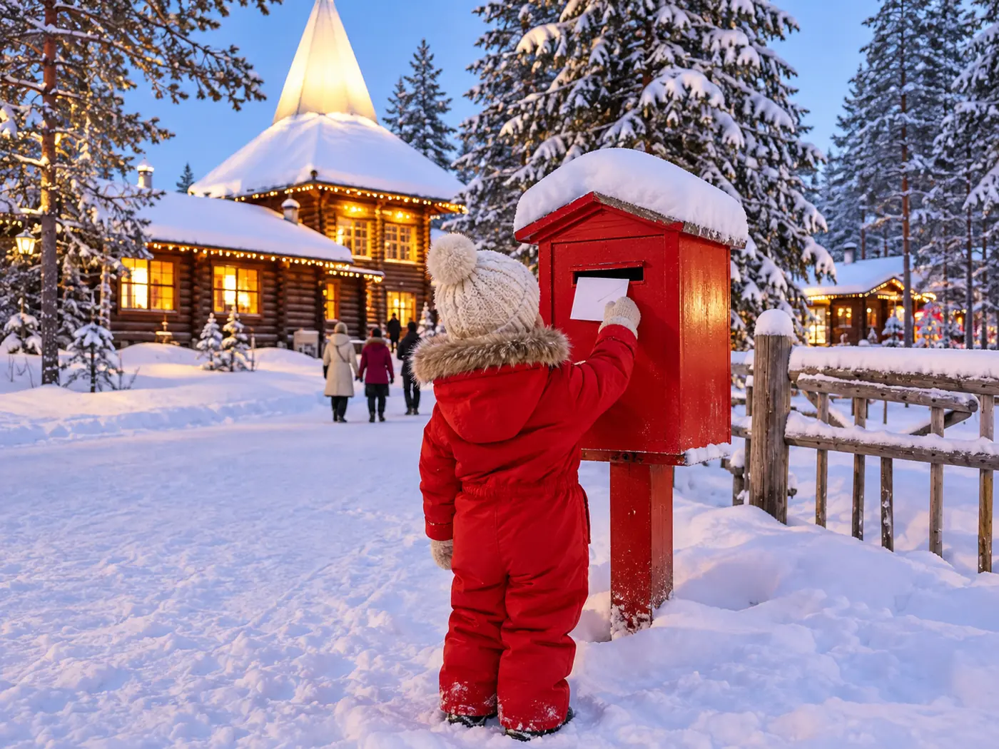 A child seen from behind in a red snowsuit holding an envelope by a red mailbox