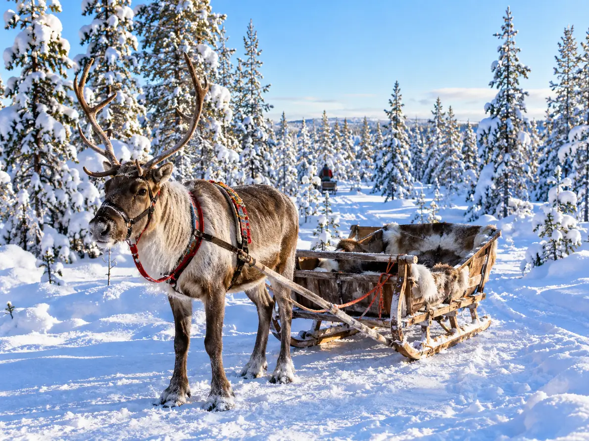 A reindeer harnessed to a low sleigh lined with reindeer skins