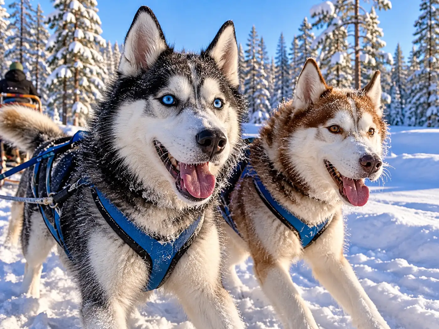Huskies in harness with frost on their whiskers
