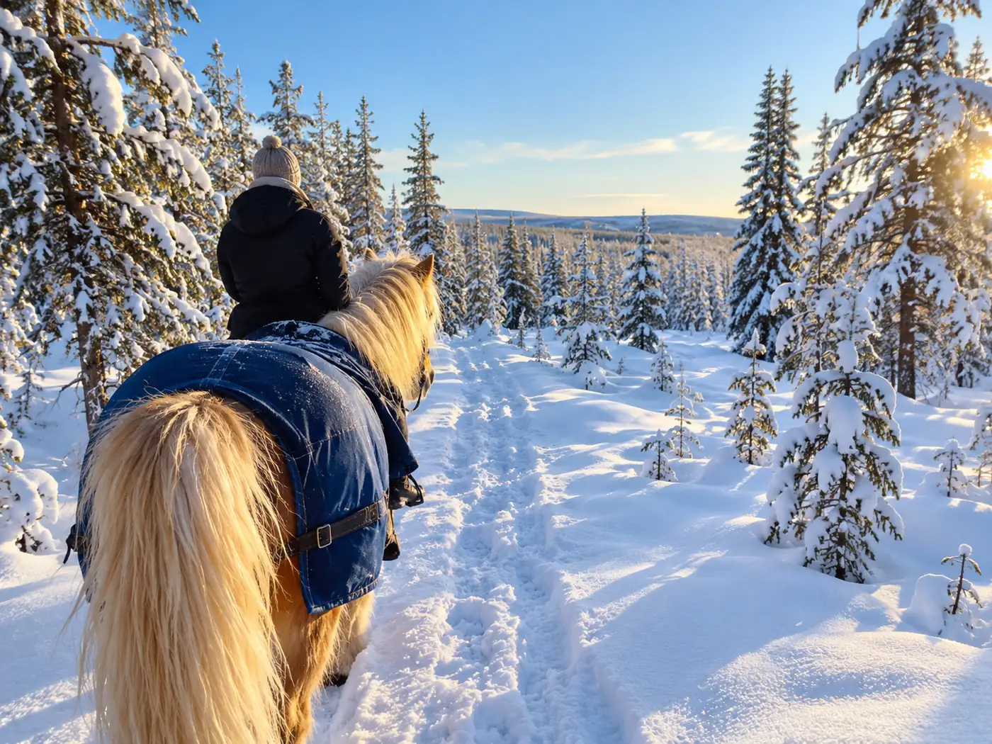 A Finnhorse with a blond mane and a blue blanket led along a snowy trail