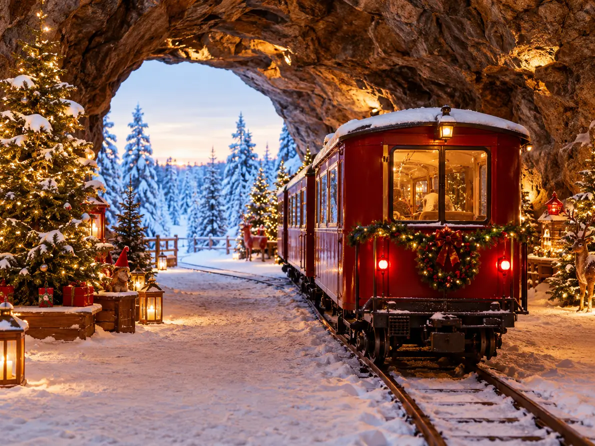 A small red train carriage waiting in a lit cavern