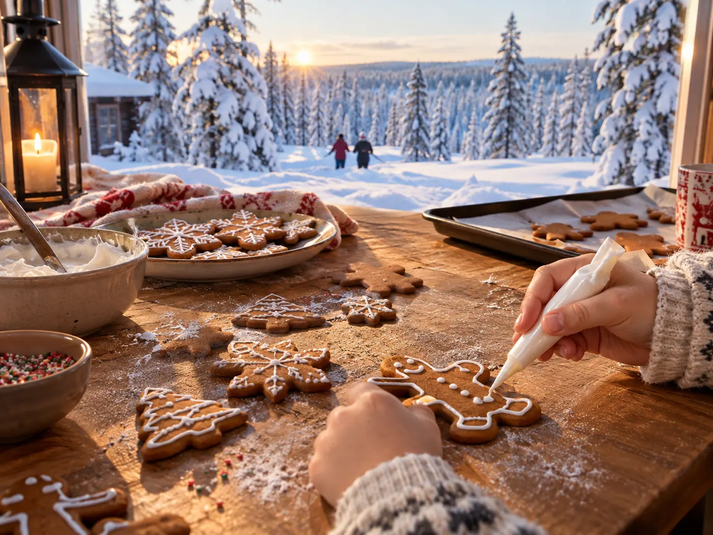 Small hands icing gingerbread biscuits on a wooden table