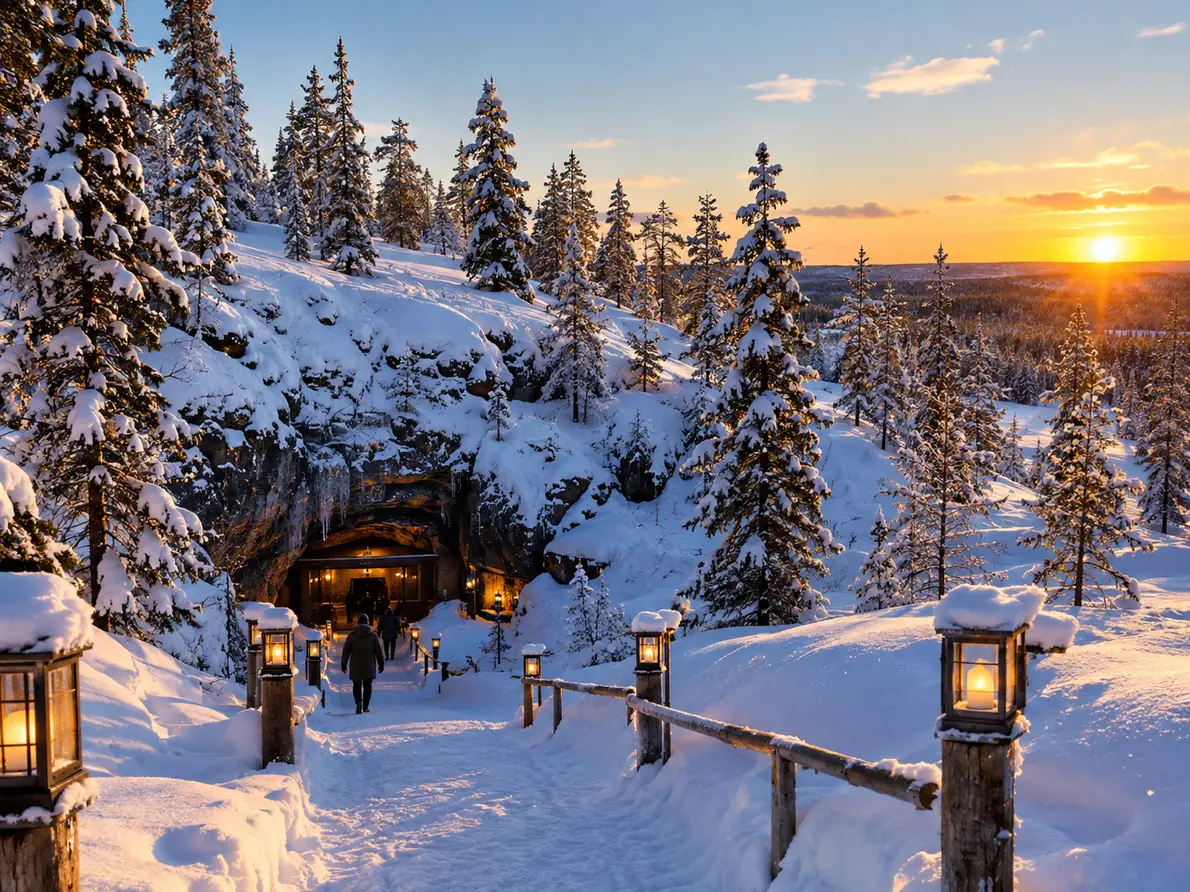 A forested hill above a cavern entrance with a lantern-lit path in the snow