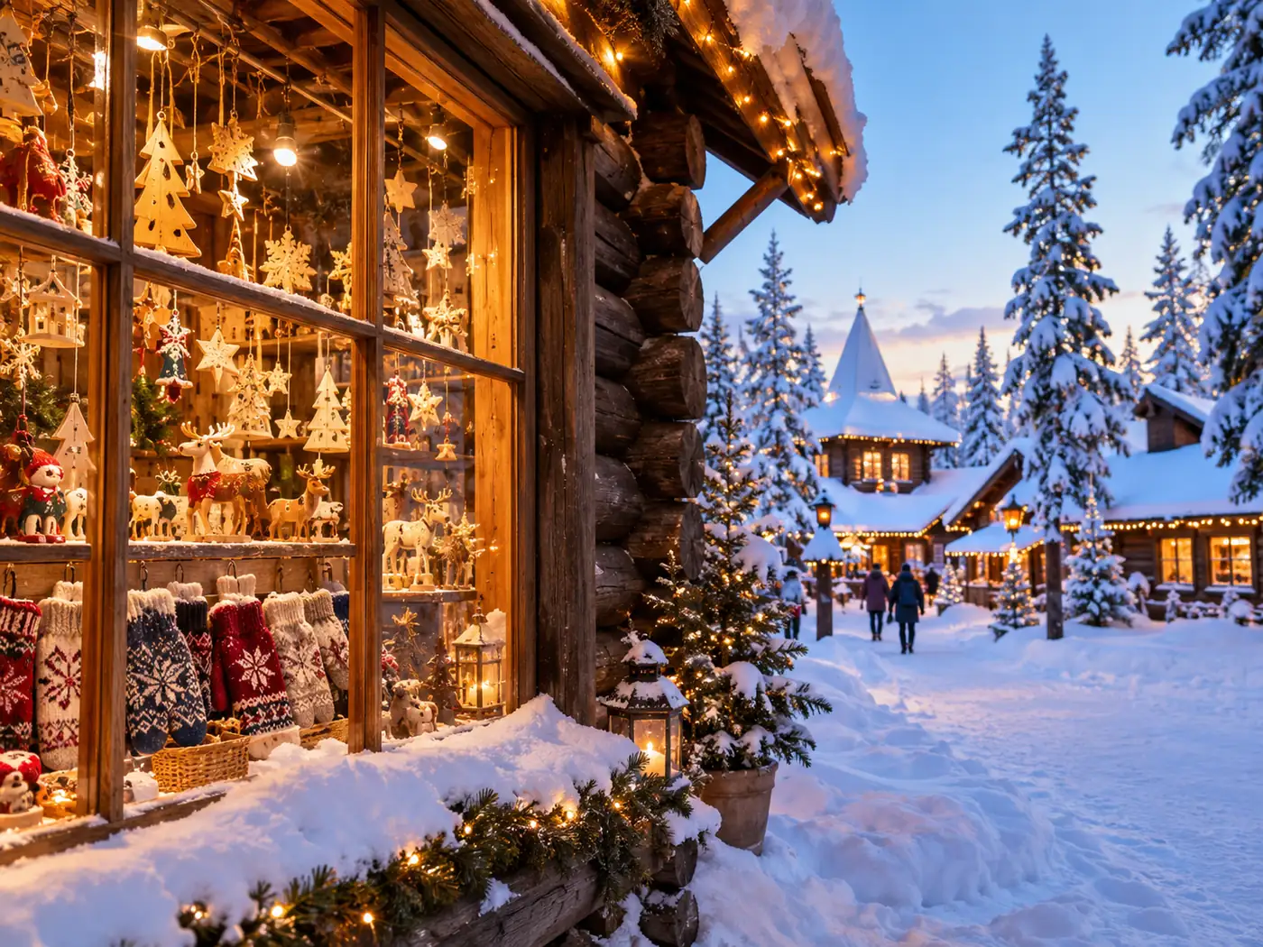 A shop window full of wooden ornaments and woollen mittens