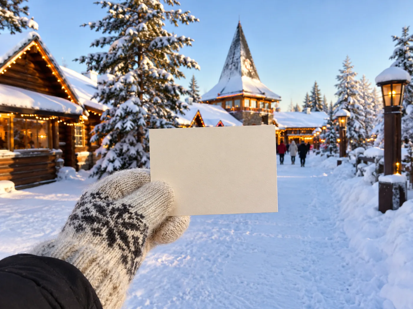 A mittened hand holding a blank certificate card in the snow