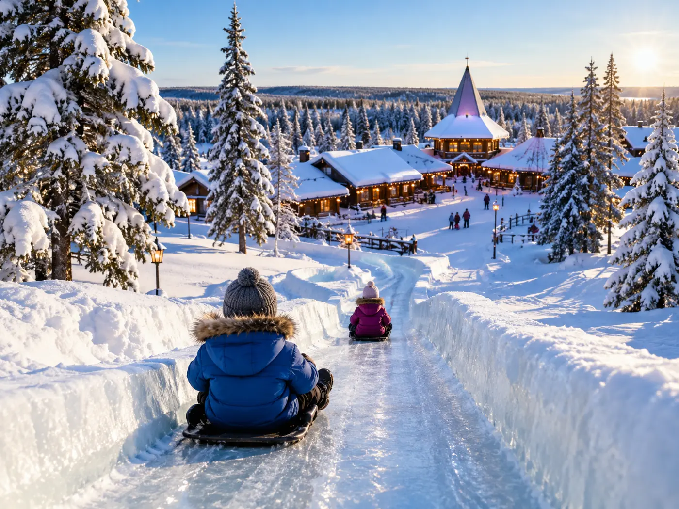 Children seen from behind sliding down a long ice slide