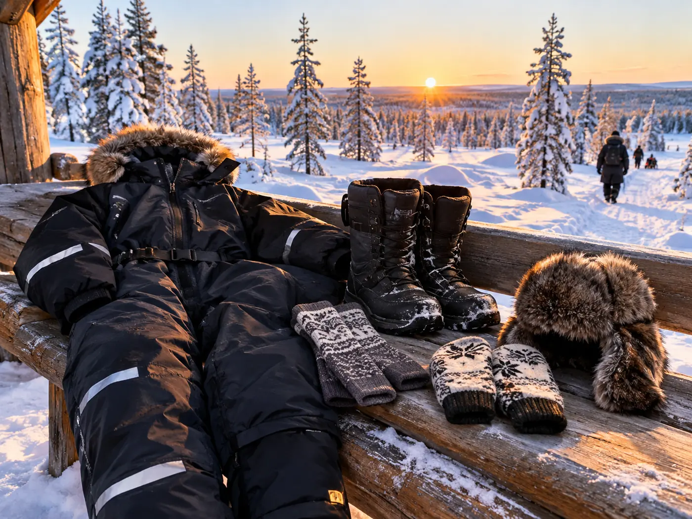Winter gear laid on a bench: an overall, boots, wool socks, mittens and a fur hat