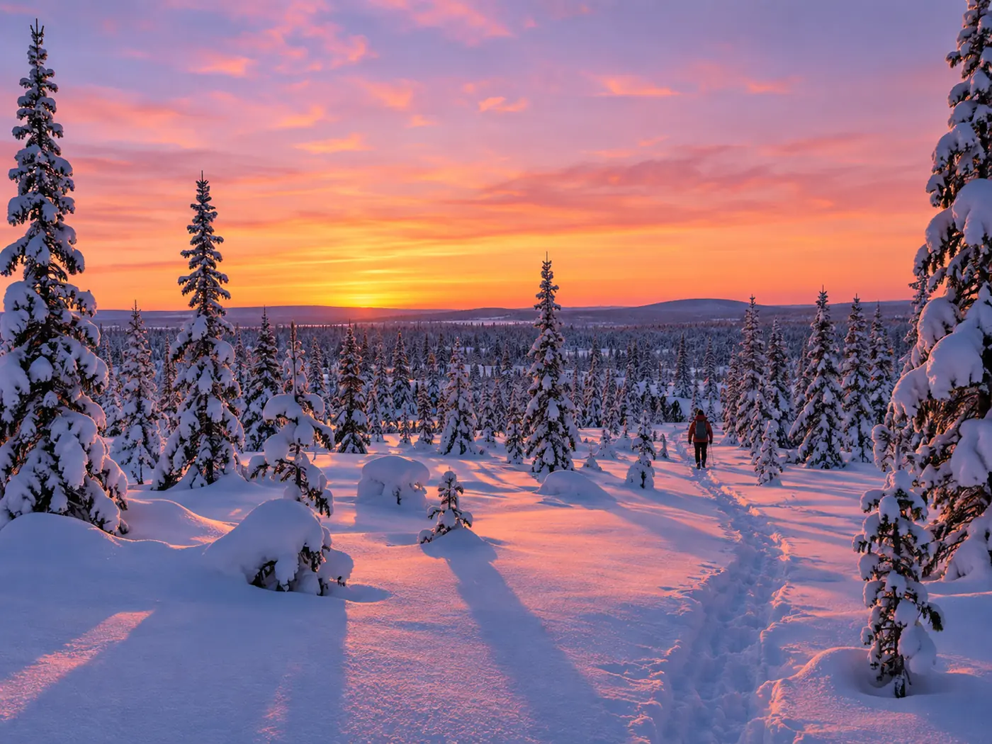 Pink noon twilight over a snowy forest in December