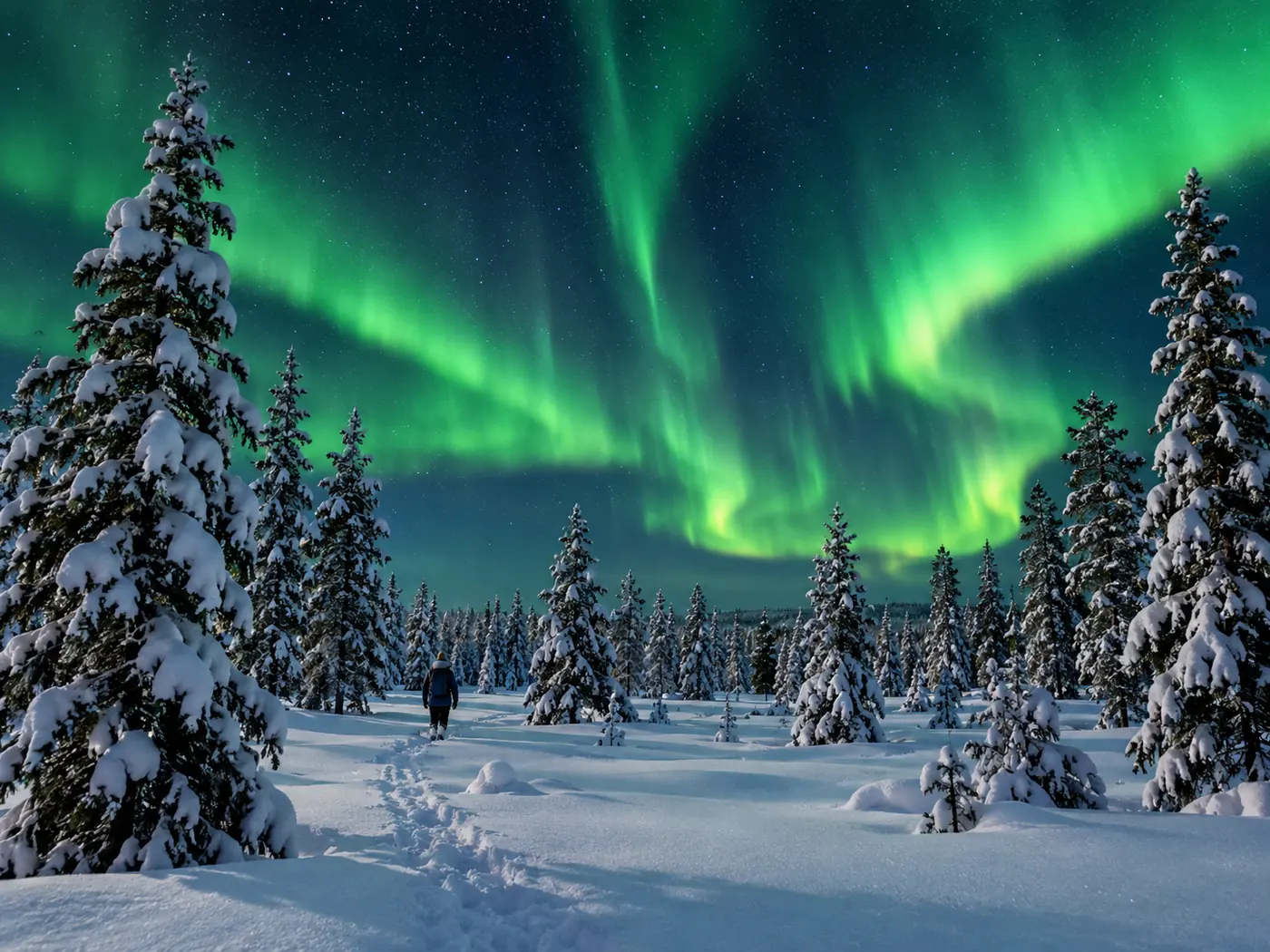 Green northern lights over a snowy spruce forest