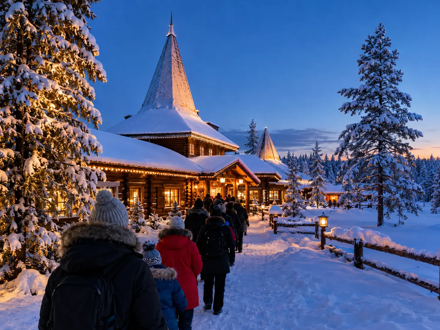A queue outside a log building at opening time on a dark blue morning