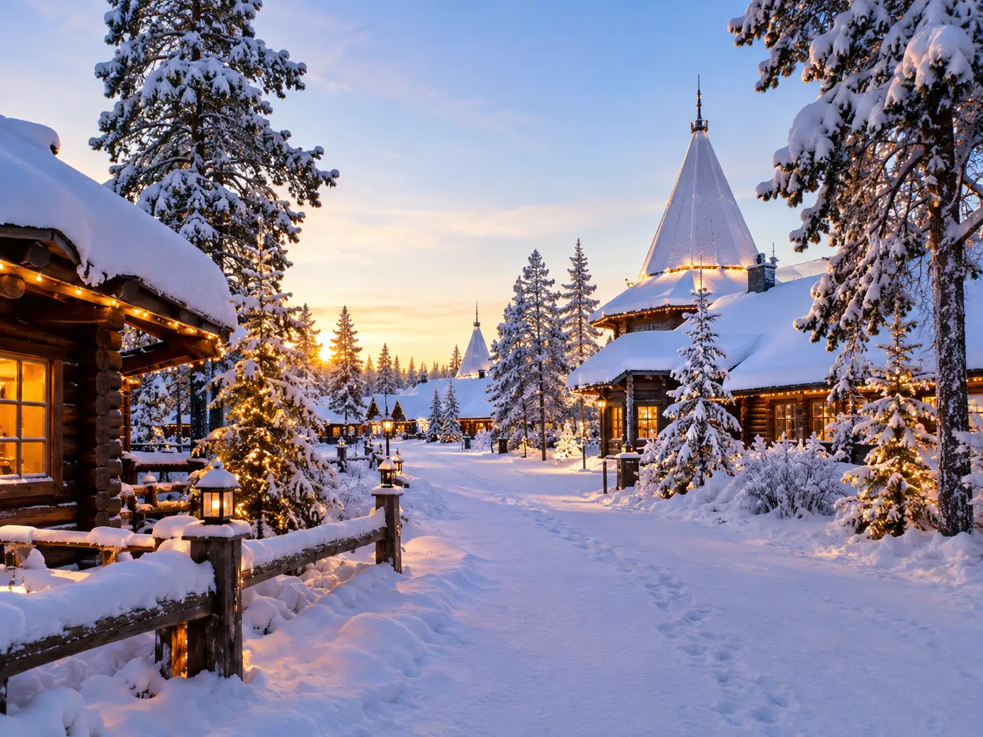 A quiet snowy village path early in the morning