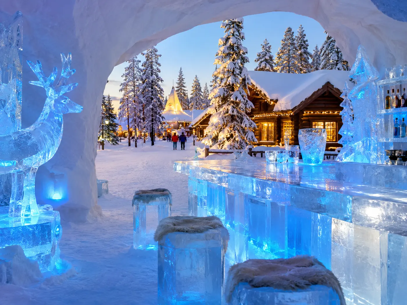 Blue ice sculptures and an ice bar counter