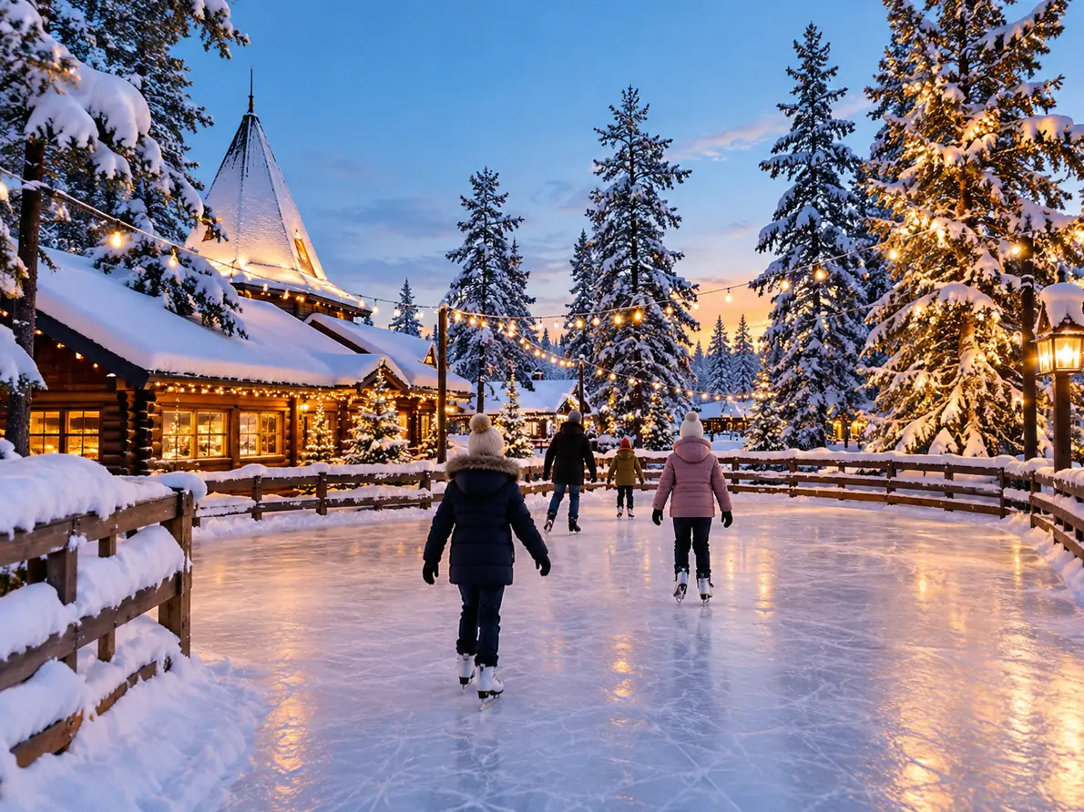 A small outdoor skating rink with string lights, skaters from behind